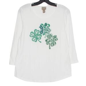 Chicos Top 3/4 Sleeve Clover St Patricks Day Festive Lucky White Size 1 Medium 8
